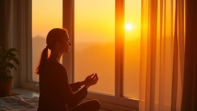 Person meditating at sunrise