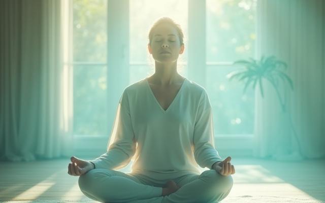 Person meditating calmly in a serene setting, digital interface showing balanced brainwaves