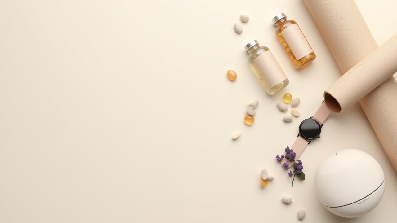 A flat-lay of aesthetically pleasing wellness products including a smartwatch, a vitamin bottle, and a yoga mat.