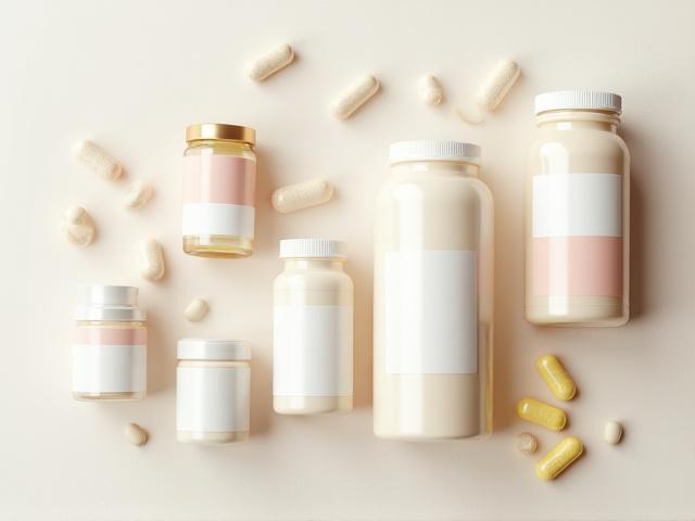 Various vitamins, protein powders, and herbal supplements laid out neatly